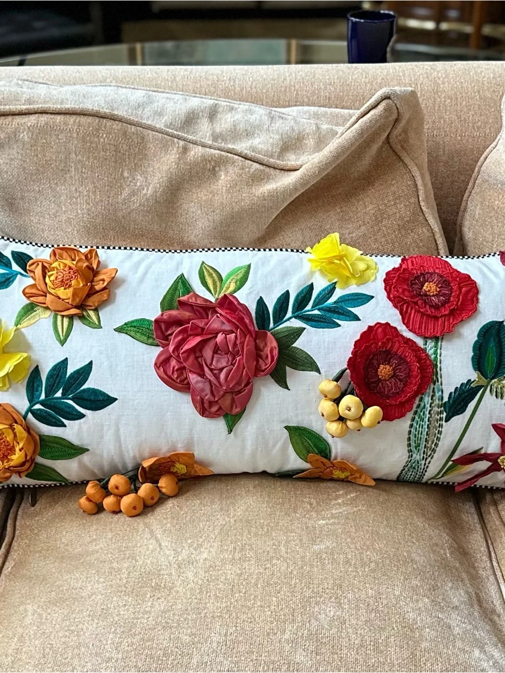Mackenzie Childs Embroidered Floral Pillow w/3D Appliqué Red, Yellow, Green